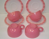 4 Sets Hazel Atlas Pink ripple Crinoline Cups and Saucers, Pink and White Hazwl Atlas