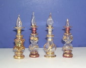 4 Small Art Glass Egyptian Perfume Bottles with Glass Daubers, 3 3 4 inches High, Cranberry and Gold Trim, Vanity, Made in Egypt, Cleopatra