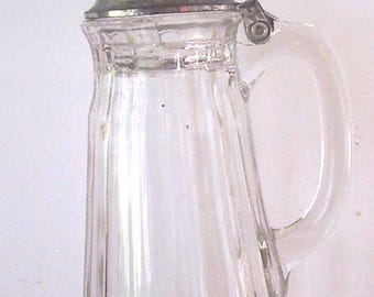 Vintage Glass Syrup Pitcher Metal Flip, Pour Spout, Vertical Lines, Kitchen,