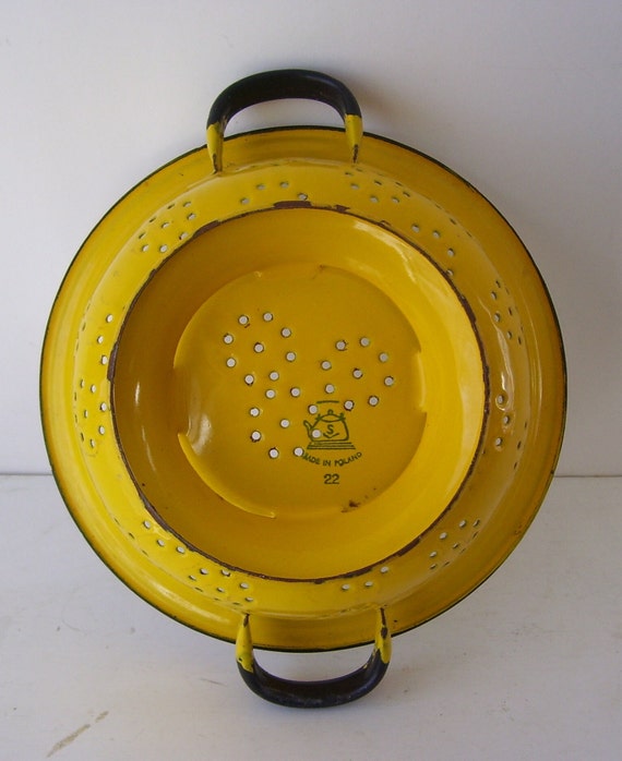 Vintage Small Yellow Enamel Strainer Colander Black Trim Made in