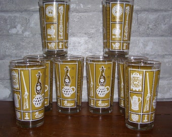 8 Hazel Atlas Gold and White Tumblers. Icons - Drinking Glasses - Carrying Rack