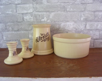 Pfaltzgraff Village 4 Kitchen Pieces Utensils Holdder Candle Stick Holders, Ribbed Round Bowl/ Beige with Brown