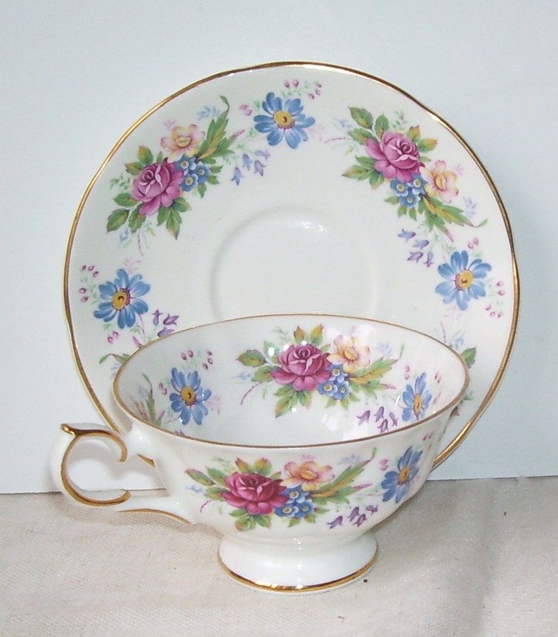 Springfield Bone China Floral Teacup and Saucer, Made in England, Gold Trimmed Teapot English Vintage Teacup Set, English Cottage, image 1