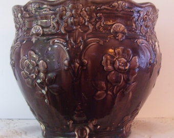 Large Brown Majolica Pottery Jardiniere - Vintage Jardiniere -  Flower Holder-Home Decor - Pottery Jardiniere -