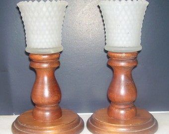 Pair Short Wood Candlestick Holders with Frosted Globes/ Modern Decor/ Wooden Candle Stick Holders