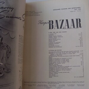 May include: A vintage magazine cover for Harper's Bazaar, featuring the text "Savory Summer" in a stylized font. The cover is a light cream color with black text and a black and white illustration of a woman in a summer dress.