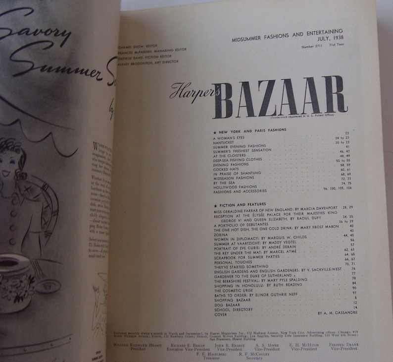 May include: A vintage magazine cover for Harper's Bazaar, featuring the text "Savory Summer" in a stylized font. The cover is a light cream color with black text and a black and white illustration of a woman in a summer dress.