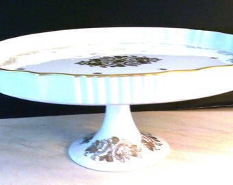 Porcelain Cake Plate – Hand Painted France Pedestal with Gold Trim