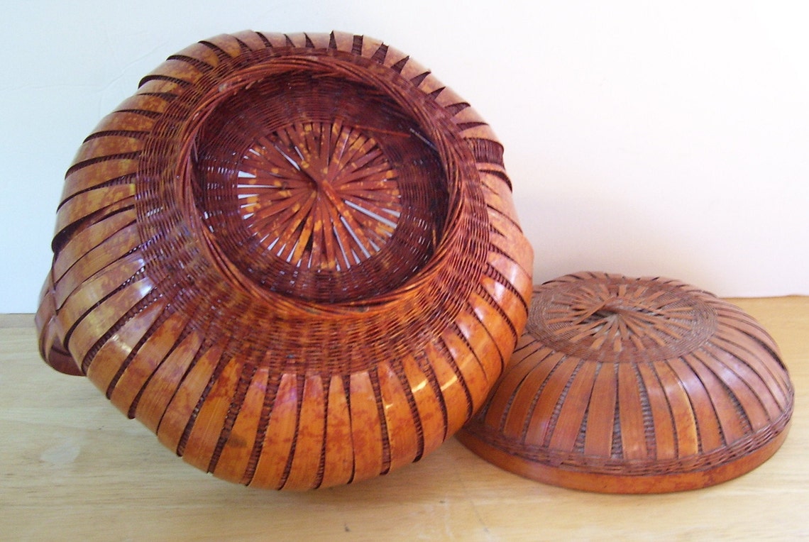 Vintage Round Woven Rattan Wood Basket With Lid Sewing Etsy