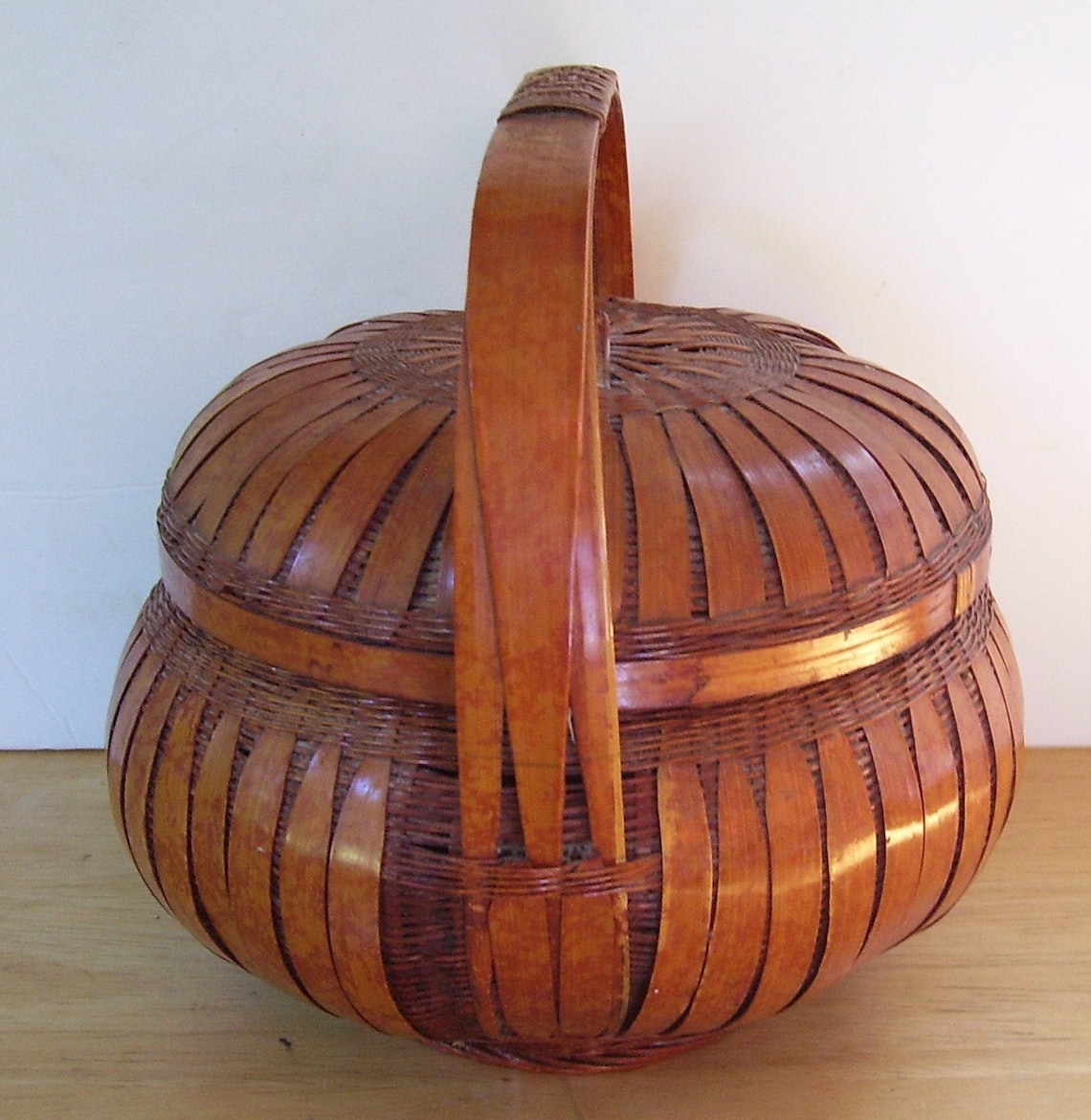 Vintage Round Woven Rattan Wood Basket With Lid Sewing Etsy