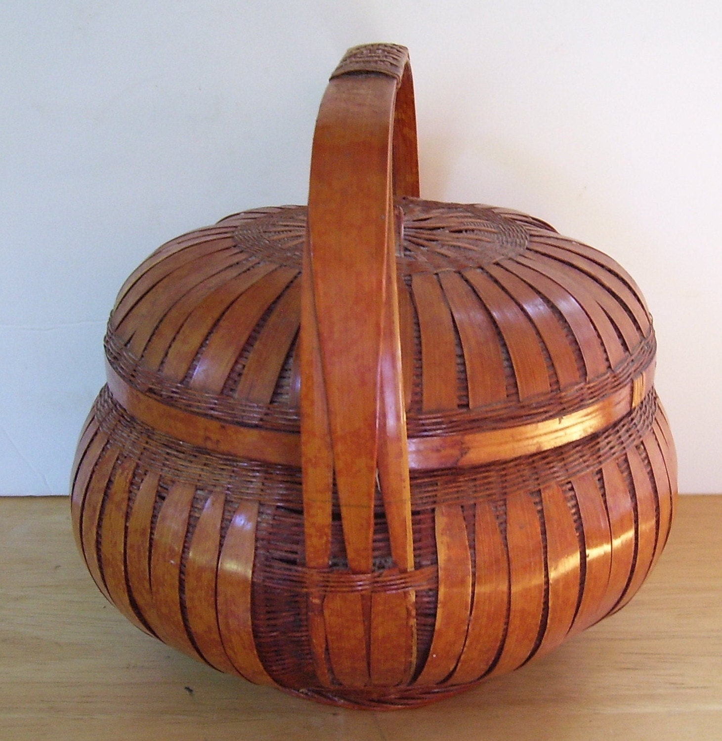 Vintage Round Woven Rattan Wood Basket With Lid Sewing Etsy