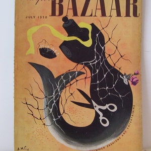 May include: A vintage magazine cover for Harper's Bazaar, July 1938, featuring a black and white illustration of a fish with a pair of scissors and a yellow ribbon. The background is a yellow-orange color with a black net pattern. The text "MIDSUMMER FASHIONS AND ENTERTAINING" is printed on the bottom right corner.