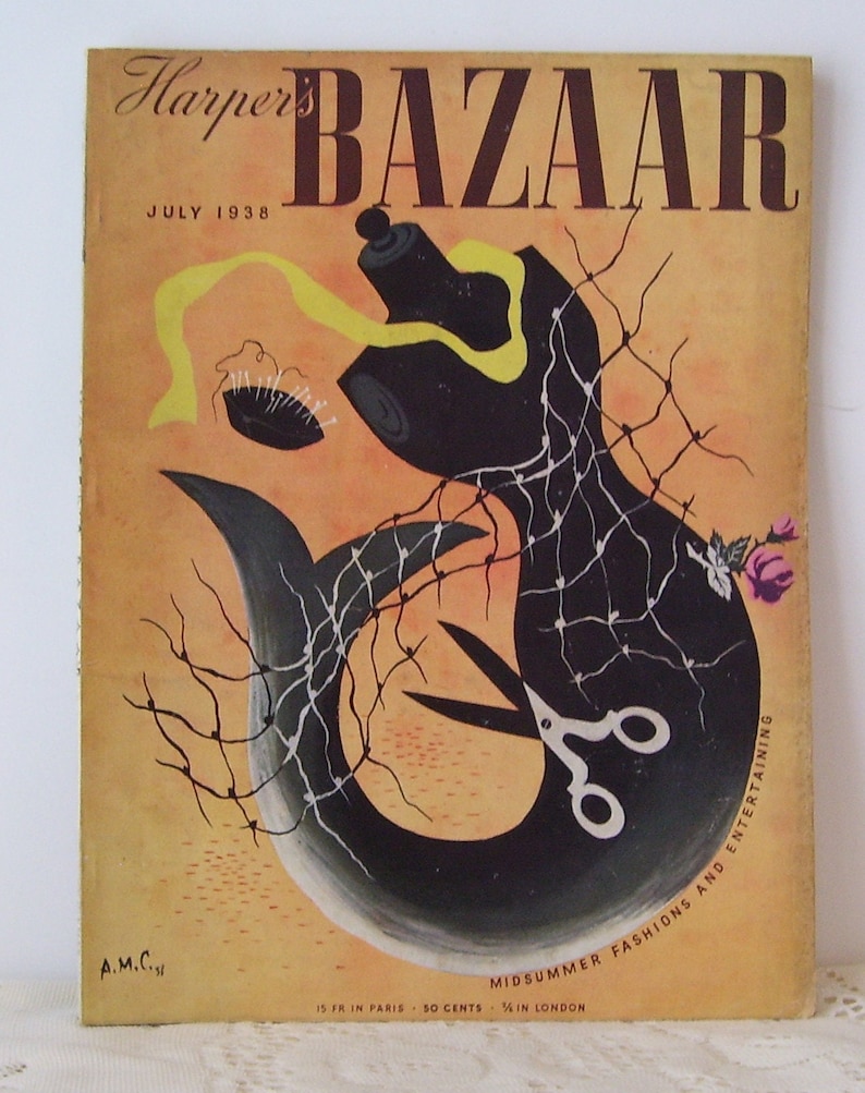 May include: A vintage magazine cover for Harper's Bazaar, July 1938, featuring a black and white illustration of a fish with a pair of scissors and a yellow ribbon. The background is a yellow-orange color with a black net pattern. The text "MIDSUMMER FASHIONS AND ENTERTAINING" is printed on the bottom right corner.