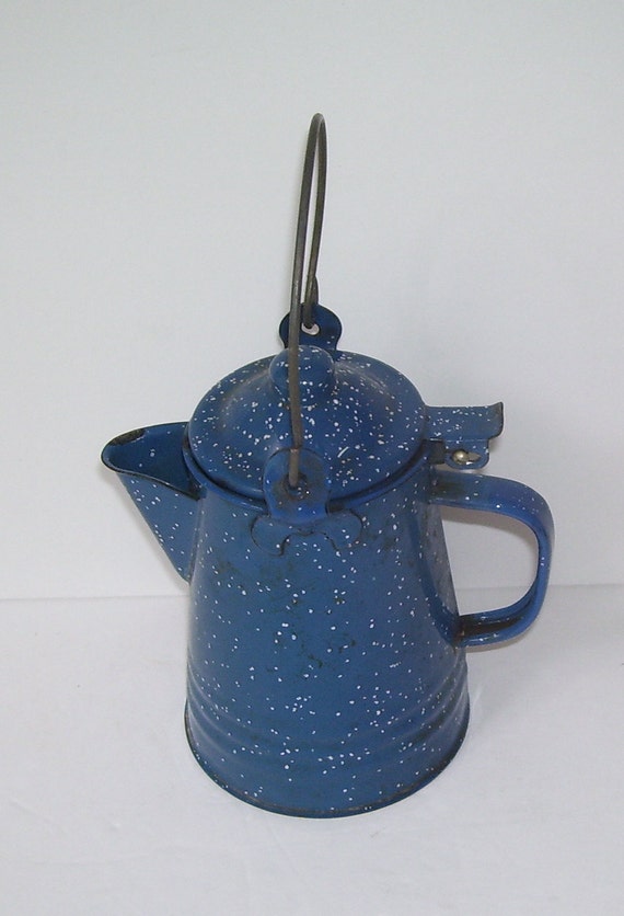 Small Enamel Speckled Blue and White Coffee Pot Camping Coffee Pot