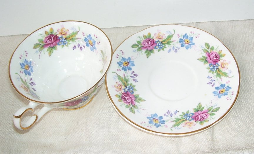 Springbone Cups Springfield Bone China Teacup and Saucer, English Cottage Floral, Gold ...