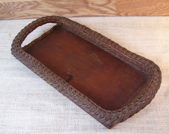 Antique Woven Vanity Tray -  Wood Bottom - Perfume Tray