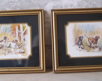 Pair Small Hand Painted Dogs by Paul Whitney Hunter/ Hunting Dogs/ Gold Colored Frame/  Hounds/ Lodge Decor/Gift for Him