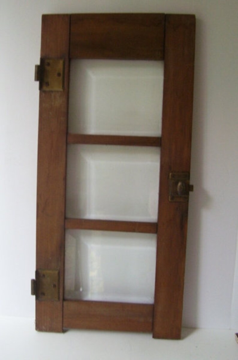Antique Beveled Glass Wood Cabinet Door Panel Original Hinges And Lock Rustic Farm House