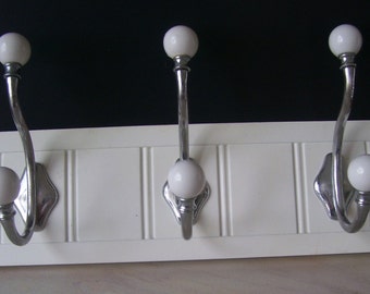 White Porcelain Hooks on White Rack Wood Wall Decor Vintage  Hat Rack Coat Hook Rack