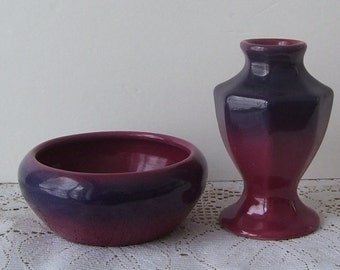 Vintage Matching Bowl and Vase, Home Decor, Table Decor, Purple and Pink Vase and Bowl, Country Cottage, Studio Art,Vintage Pottery Set