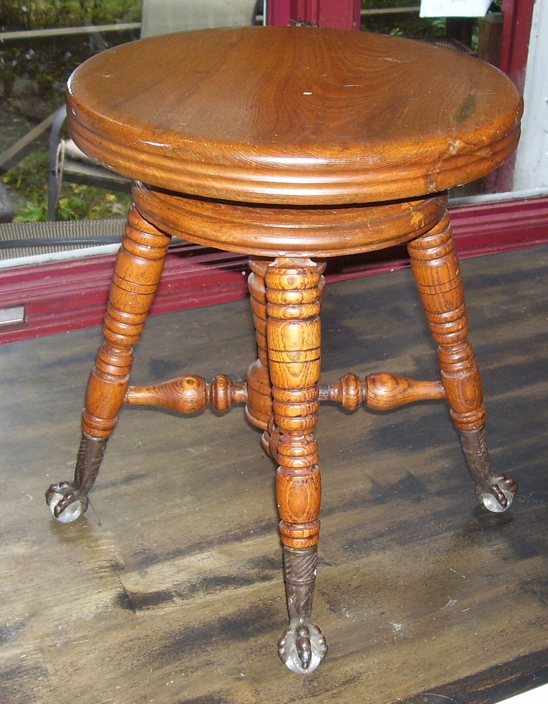 Antique Maple Piano Stool Lyon Healy Chicago Round Glass Balls on Cast