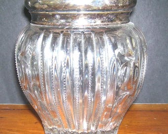 Antique Art Nouveau EAPG Footed Vanity Jar Zipper  Cut  - Silver Plate Cover