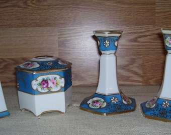 Antique 4 Pc. Hand Painted Morimura Nippon Porcelain Candle Holders, Hat Pin Holder, Hair Reciever,Moriage Bros., Bed and Breakfast