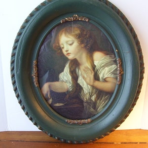 Vintage Victorian Girl in Dark Green Oval Frame with brass Trim/ Wall Decor