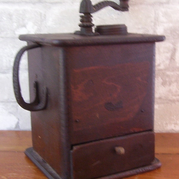 Antique Large Wood Crank Coffee Grinder- Vintage Kitchen - Farm House Kitchen- Coffee -