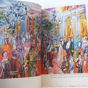 May include: A watercolor painting depicting a formal reception at a palace. The painting features a large group of people in elegant attire, including a couple in the foreground. The text "THE RECEPTION AT THE PALACE FOR THEIR MAJESTIES KING GEORGE VI AND QUEEN ELIZABETH. PAINTED BY HALLIDAY, FOR HARPER'S BAZAAR." is visible at the bottom of the painting.