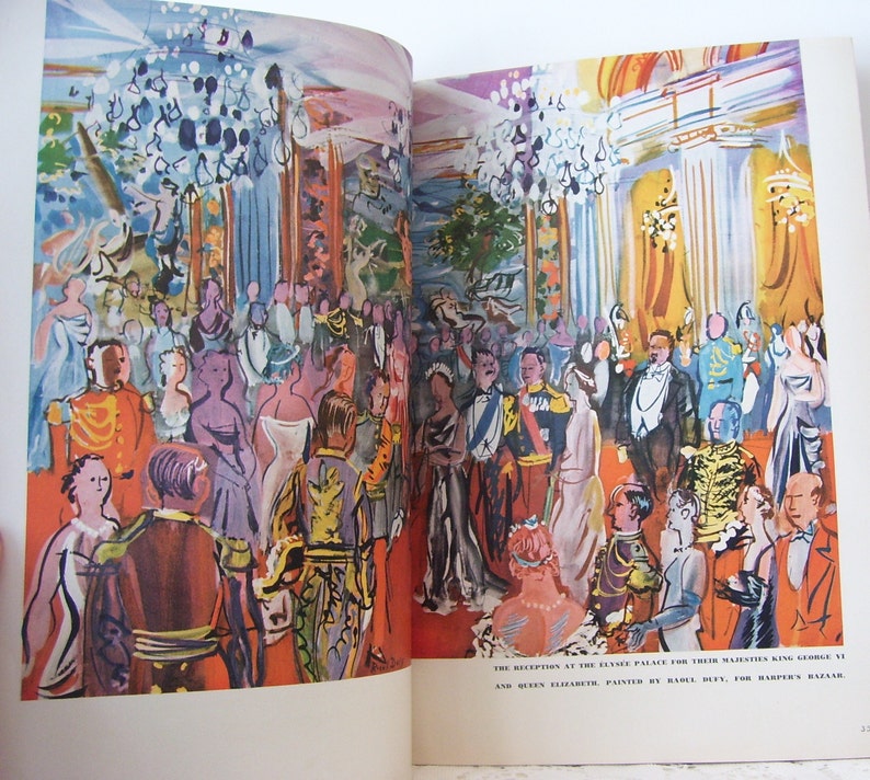 May include: A watercolor painting depicting a formal reception at a palace. The painting features a large group of people in elegant attire, including a couple in the foreground. The text "THE RECEPTION AT THE PALACE FOR THEIR MAJESTIES KING GEORGE VI AND QUEEN ELIZABETH. PAINTED BY HALLIDAY, FOR HARPER'S BAZAAR." is visible at the bottom of the painting.