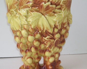 McCoy Grape and Leaf Yellow and Brown Vase, Pottery Vase, Ironstone Vase, Art Pottery Vase, Shabby Decor, Studio Line, McCoy