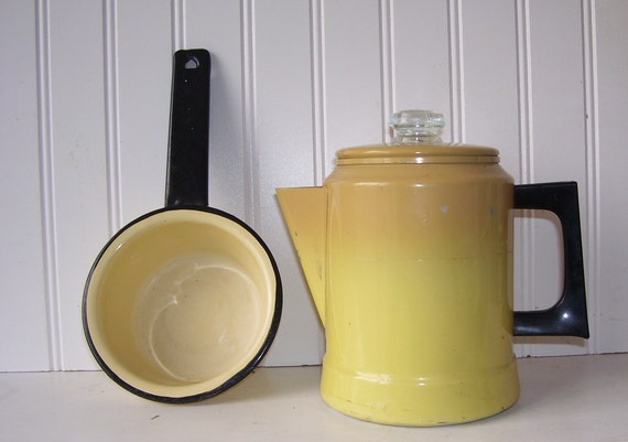 Small 4 Cup Comet Yellow Enamel Percolator Coffee Pot and 1 Cup Yellow and  Black Handled Pan 