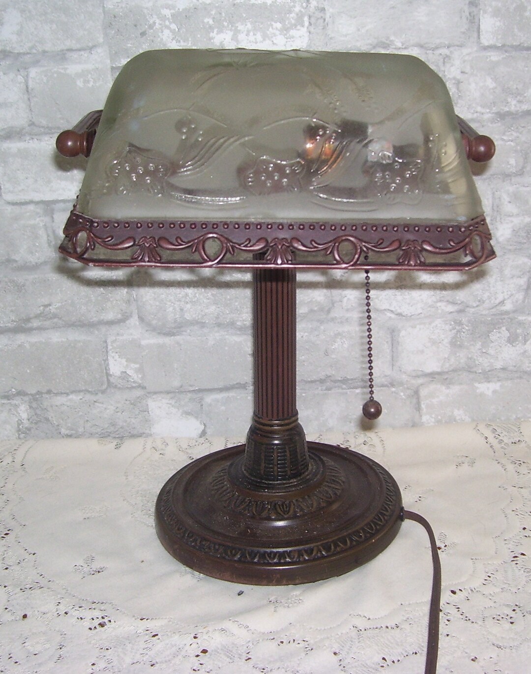 Antique Bronze Art Deco Table Lamp Satin Globe Vintage Light Pull Chain