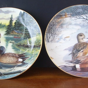 May include: Two decorative ceramic plates featuring a pair of ducks in different settings. The first plate depicts a pair of ducks in a forest pond with a cabin in the background. The second plate shows a pair of ducks in a snowy landscape.
