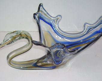 Murano Large Glassware Blue and Amber Swan, Italy, Italian Art, Studio Line Art, Rustic Country, Shabby Chic, Swimming Swan