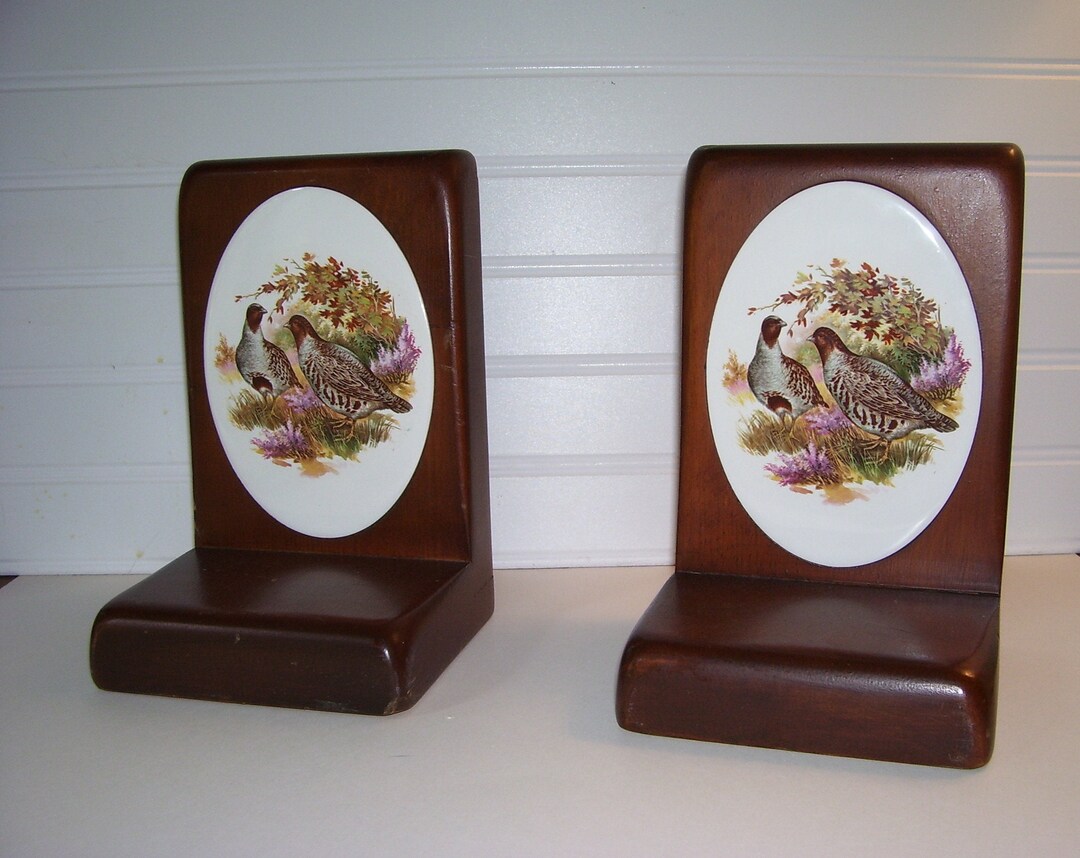 Quail Ceramic Wood Bookends Pair Wood Book Ends With Ceramic Quail Etsy