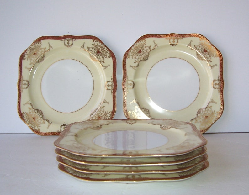 Noritake Square Plates, Gold Trimmed 6 Noritake Dominant Hand Painted Morimura Bros Salad or Dessert Plates