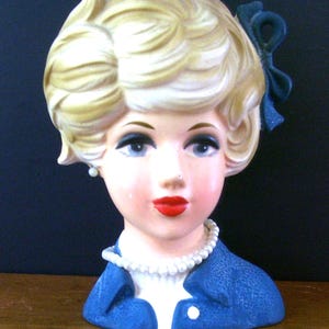 Vintage Napcoware Lady In Blue Head Vase C-8496 - Made in Japan - Earrings and Necklace - Blue Bow and Bllue Drress - 51/2 inches high