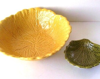 California Pottery Leaf Bowls, Yellow & Green, Mid-Century Chip and Dip Set