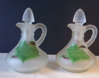 Vintage Pair of Hazel Atlas Gay Fad Frosted Satin Glass Vinegar and Oil Cruet Set  / Vintage Kitchen, Homestead/ Salad Set