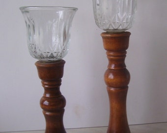 Pair Tall Wood Candlestick Holders/ Glass Globe/ Home Decor / 10 Inch and 8 1/2 Inches, Fire Place Mantle Decor