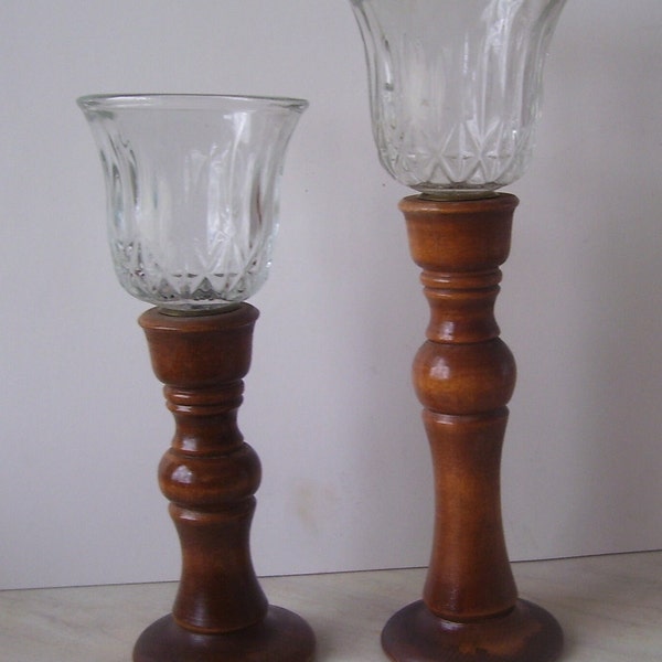 Pair Tall Wood Candlestick Holders/ Glass Globe/ Home Decor / 10 Inch and 8 1/2 Inches, Fire Place Mantle Decor