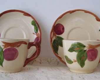 Franciscan California Pottery 2 Apple Teacups, 2 Apple Saucers- Hand Decorated