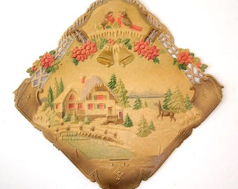 German Die Cut Paper Calendar Top- Deer, Snow Covered Cottage, Love Birds and Bells