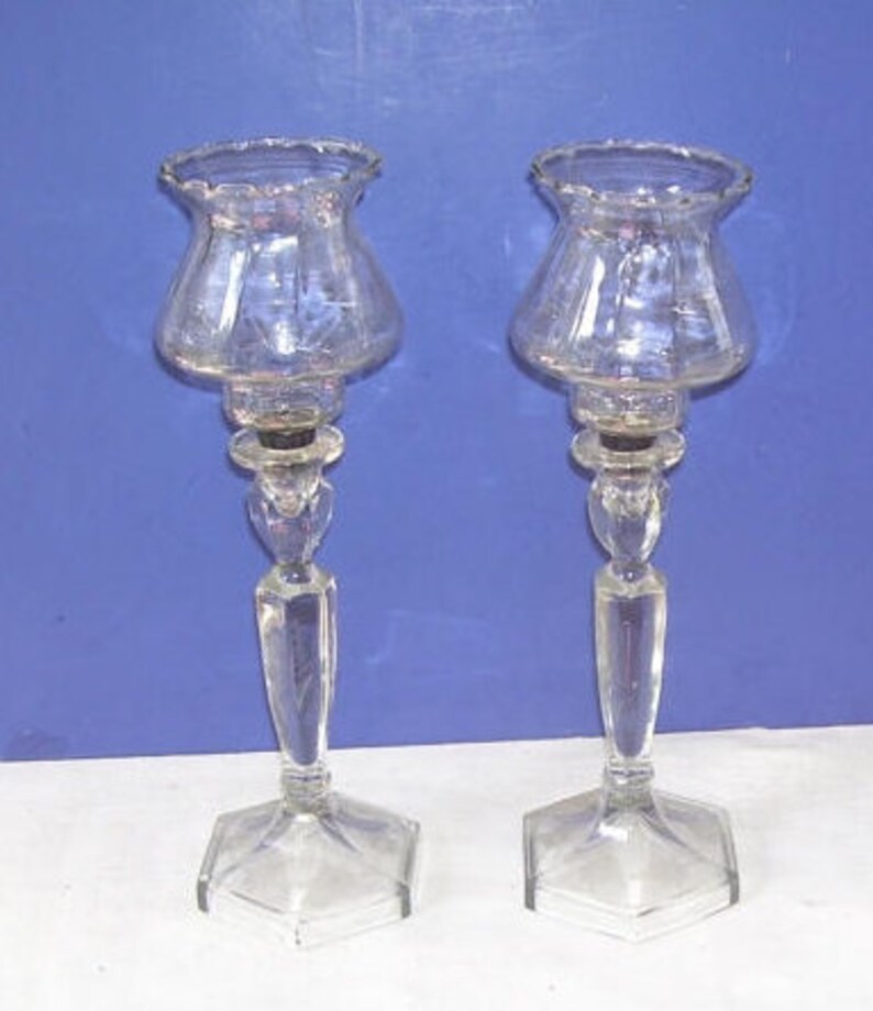 2 Tall Etched Glass Candle Stick Holders Double Candle Etsy