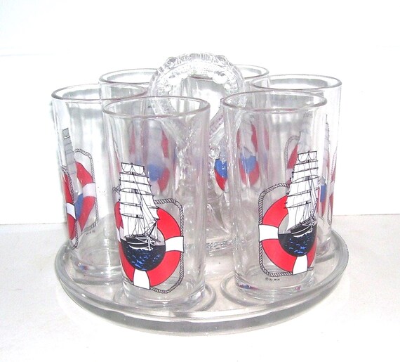 Nautical Pitcher With Drinking Glasses on Round Holder Sailing