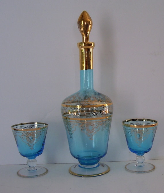 Tall Blue Glass Brandy Decanter With 2 Matchng Glasses Gold Trim Studio Art  