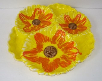 Mid Century Santa Anita California Sunflower Tidbit, Chip and Dip Modern Yellow and Orange Pottery Serving Dish, California Pottery