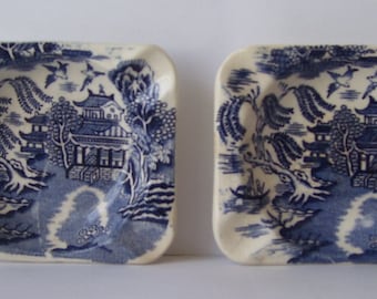 2 Royal Alma Blue Willow Ceramic Ashtrays. Made in England, Small Ashtrays/ English Pottery, Cigarette Ash Tray